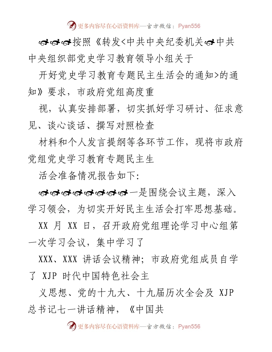 [工作总结] 市政府党组 - 市政府党组党史学习教育专题民主生活会准备情况报告.docx_第1页