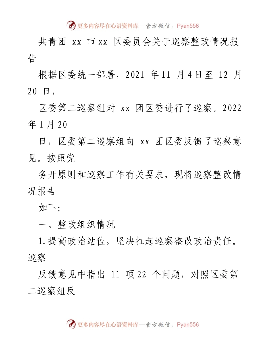 [工作总结] 巡察整改 - 共青团xx市xx区委员会巡察整改情况报告_1.docx_第1页