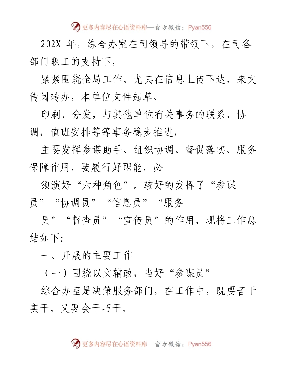 [工作总结] 年度工作会议 - 202X年综合办室工作总结与角色发挥.docx_第1页