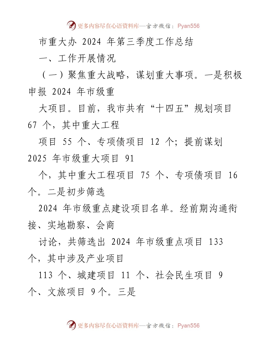[工作总结] 市重大办 - 2024年第三季度工作总结与项目推进情况分析.docx_第1页
