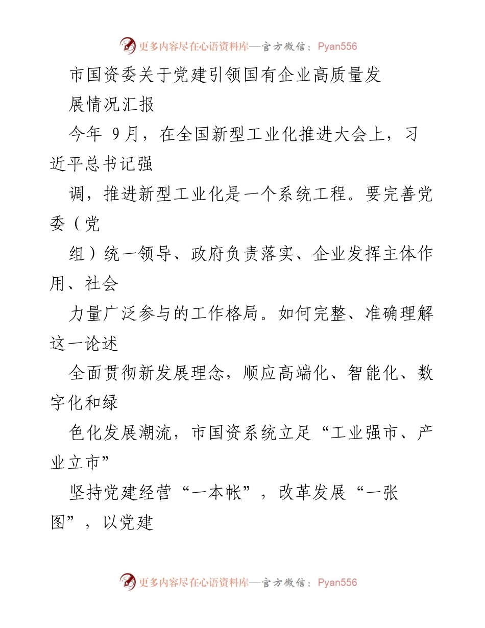 [工作总结] 市国资委 - 党建引领国有企业高质量发展情况汇报.docx_第1页