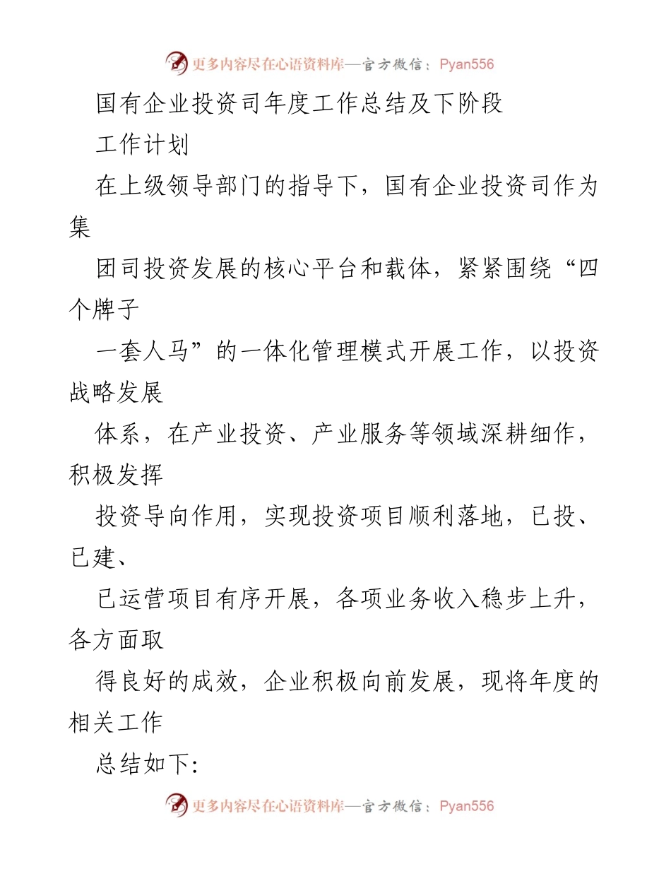 [工作总结] 年度工作 - 国有企业投资司年度工作总结与未来工作计划.docx_第1页