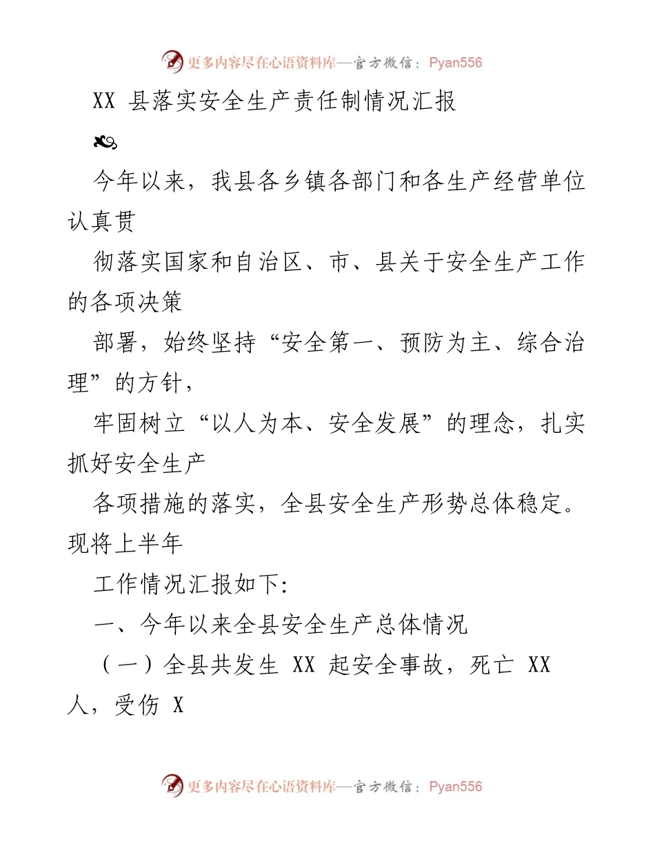 [工作总结] 安全生产 - XX县安全生产责任制落实情况汇报.docx_第1页