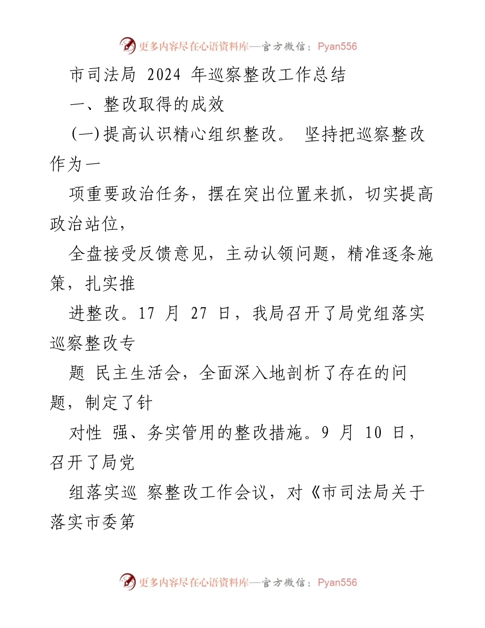 [工作总结] 市司法局 2024 年巡察整改 - 市司法局巡察整改工作成效总结.docx_第1页