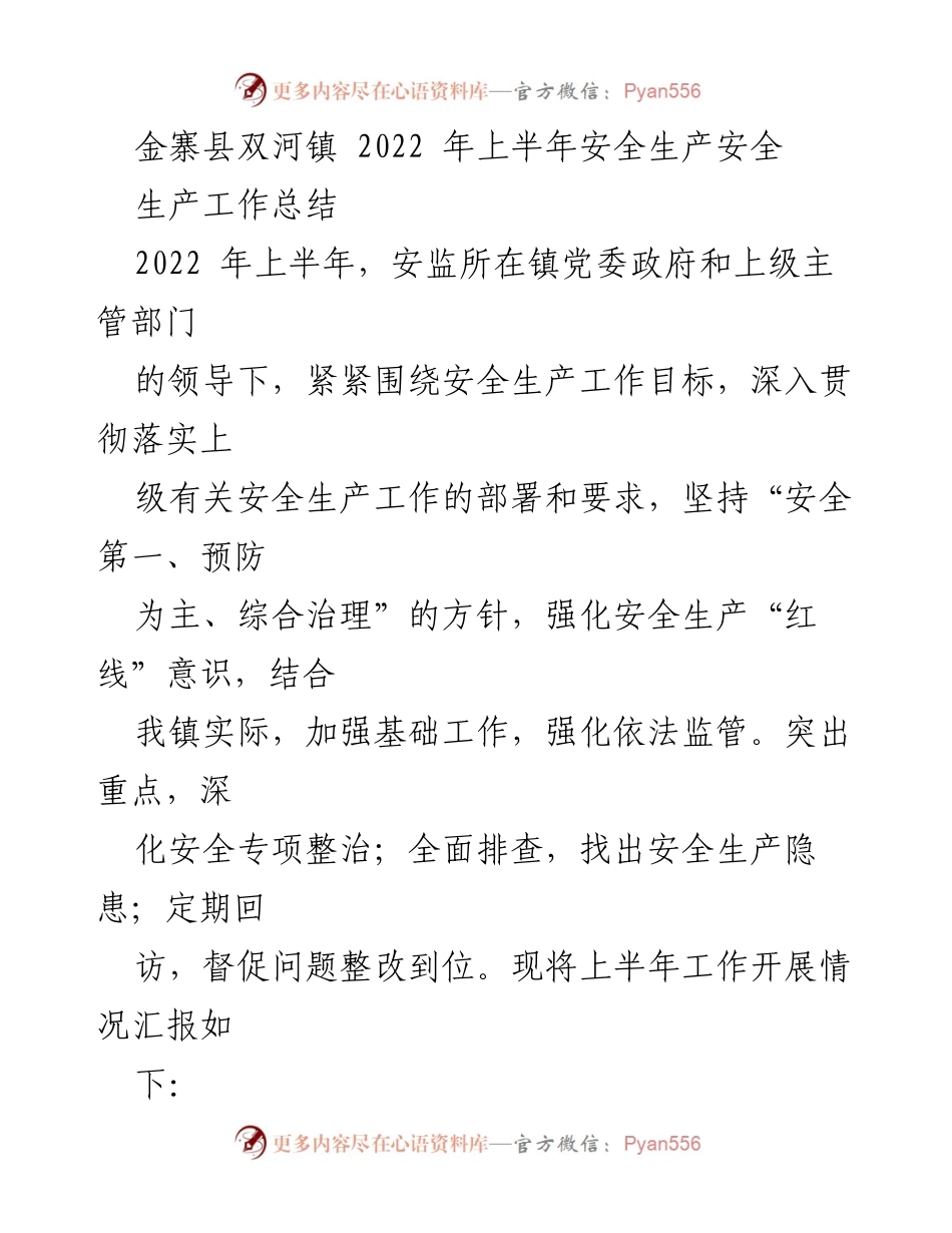 [工作总结] 安全生产工作会议 - 金寨县双河镇2022年上半年安全生产工作总结.docx_第1页