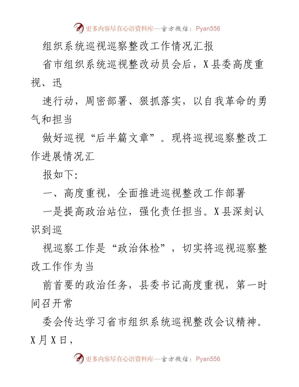 [工作总结] 巡视整改动员会 - X县巡视巡察整改工作情况汇报_1.docx_第1页