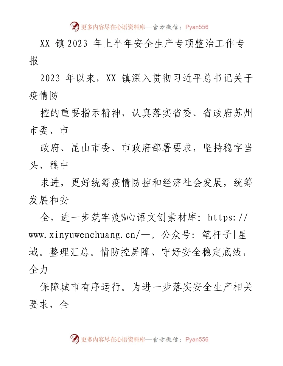 [工作总结] 安全生产专项整治 - XX镇2023年上半年安全生产专项整治工作总结报告.docx_第1页