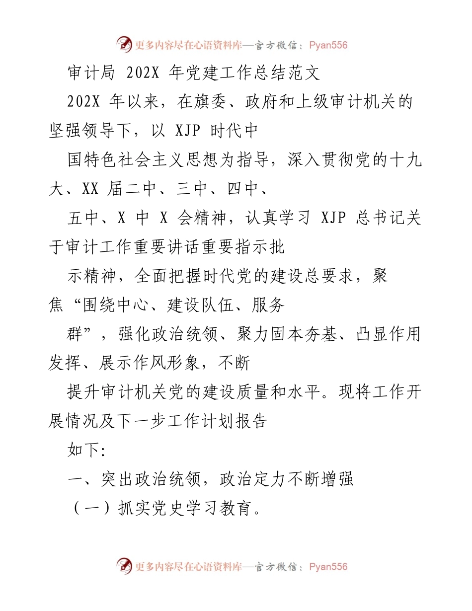 [工作总结] 审计局 - 202X年审计局党建工作总结与计划报告.docx_第1页