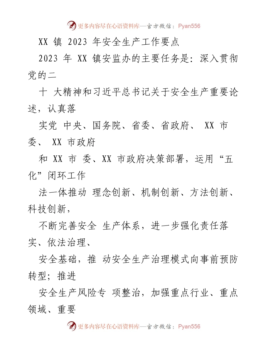 [工作总结] 安全生产工作会议 - XX 镇2023年安全生产工作要点总结.docx_第1页