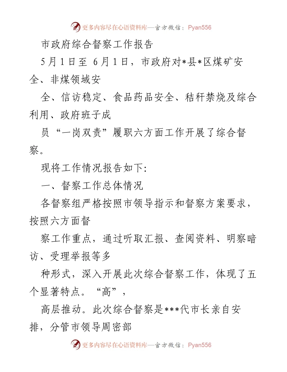 [工作总结] 市政府督察 - 市政府综合督察工作报告总结.docx_第1页