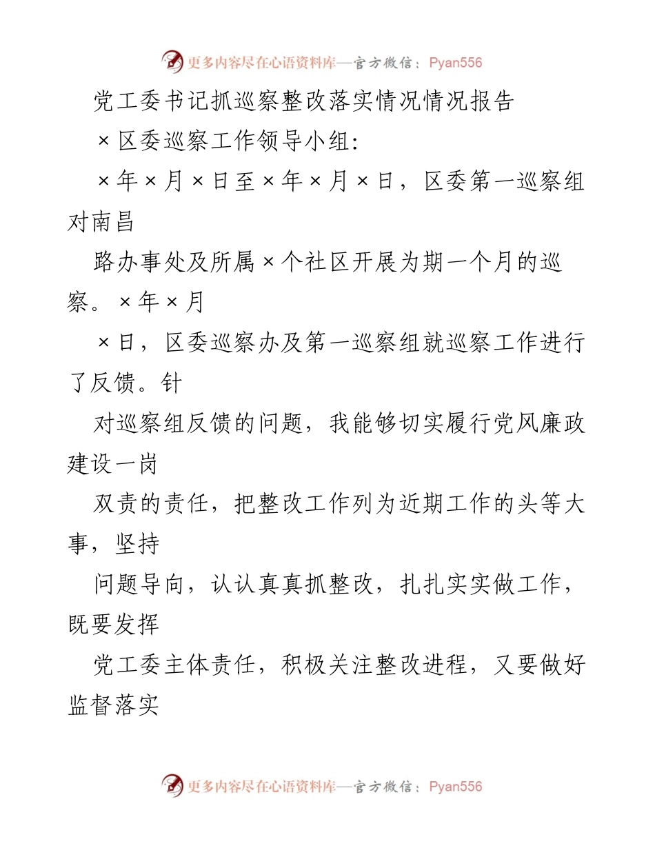[工作总结] 巡察整改 - 党工委书记巡察整改落实情况报告_1.docx_第1页