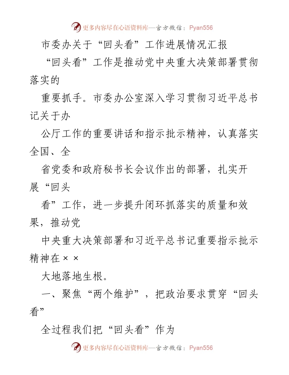 [工作总结] 市委办 - 关于“回头看”工作进展情况的汇报与落实情况分析.docx_第1页