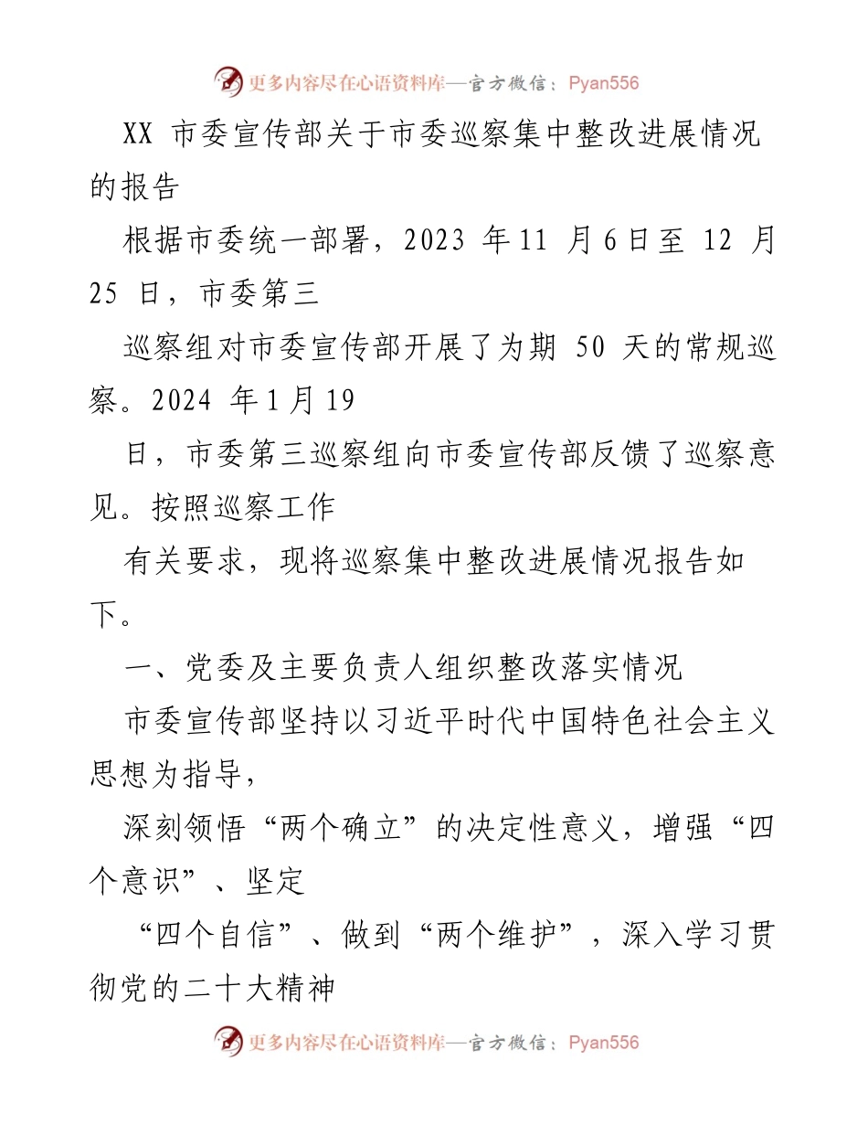 [工作总结] 市委宣传部 - 巡察集中整改进展情况报告.docx_第1页