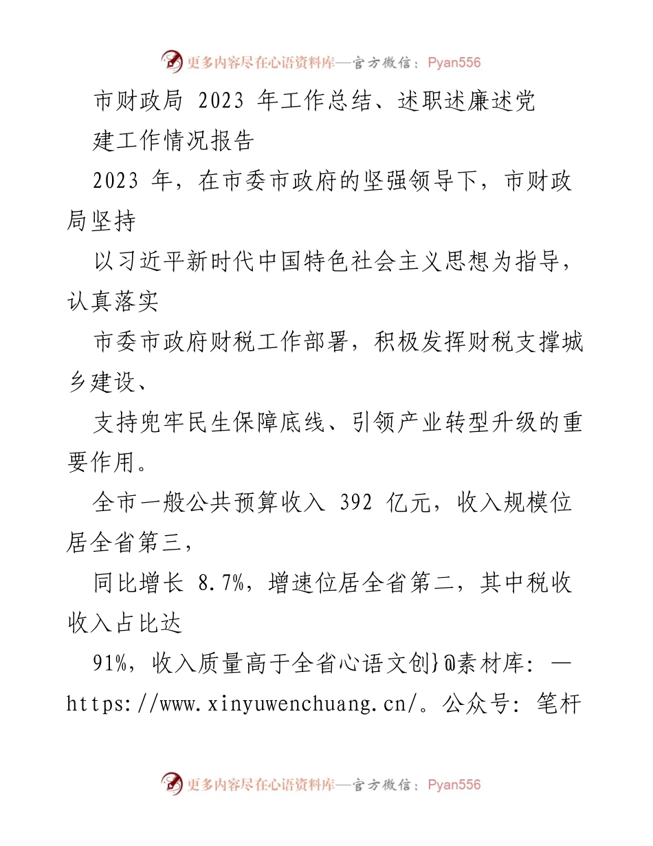 [工作总结] 市财政局 - 2023 年度工作总结与述职报告.docx_第1页