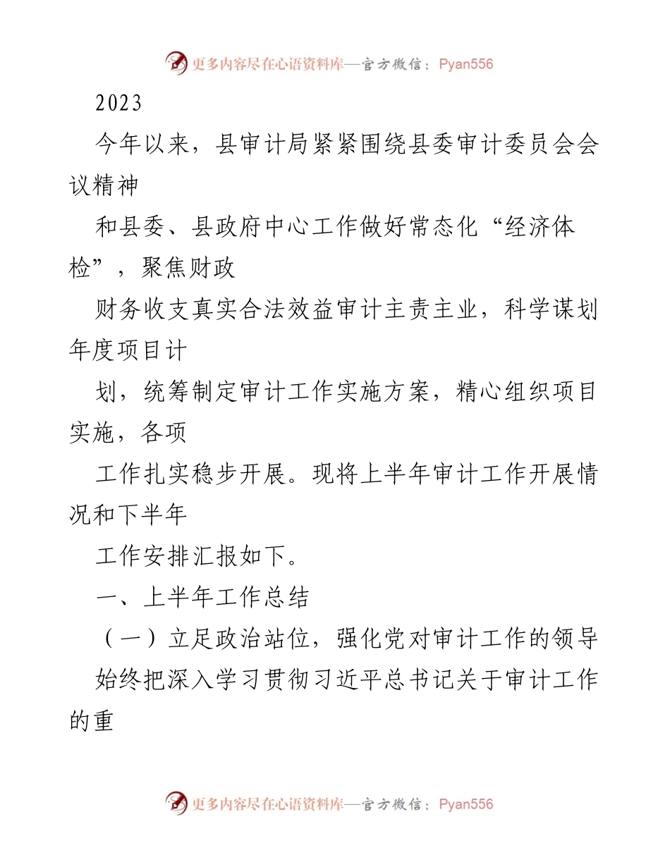 [工作总结] 审计工作 - 2023年上半年县审计局工作总结与下半年安排.docx_第1页