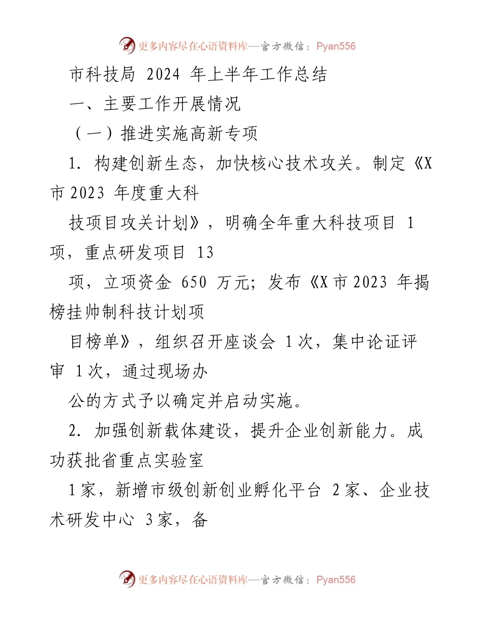 [工作总结] 市科技局 - 2024年上半年科技工作总结报告.docx_第1页