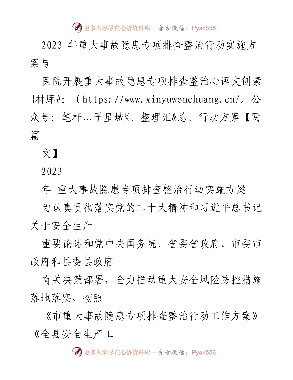 [工作总结] 安全生产 - 2023年重大事故隐患专项排查整治行动实施方案.docx_第1页