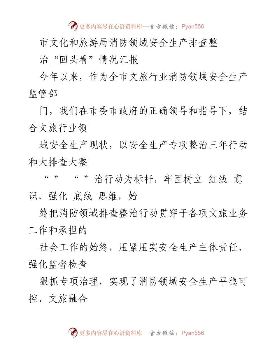 [工作总结] 市文化和旅游局 - 消防领域安全生产排查整治“回头看”情况汇报_1.docx_第1页
