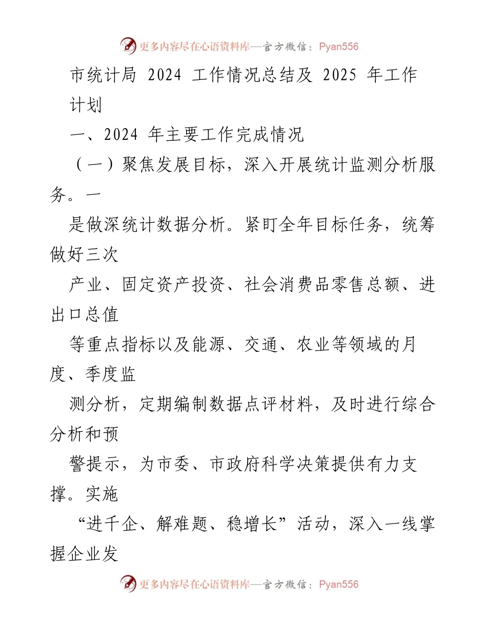 [工作总结] 市统计局 - 2024年工作总结及2025年工作计划_1.docx_第1页