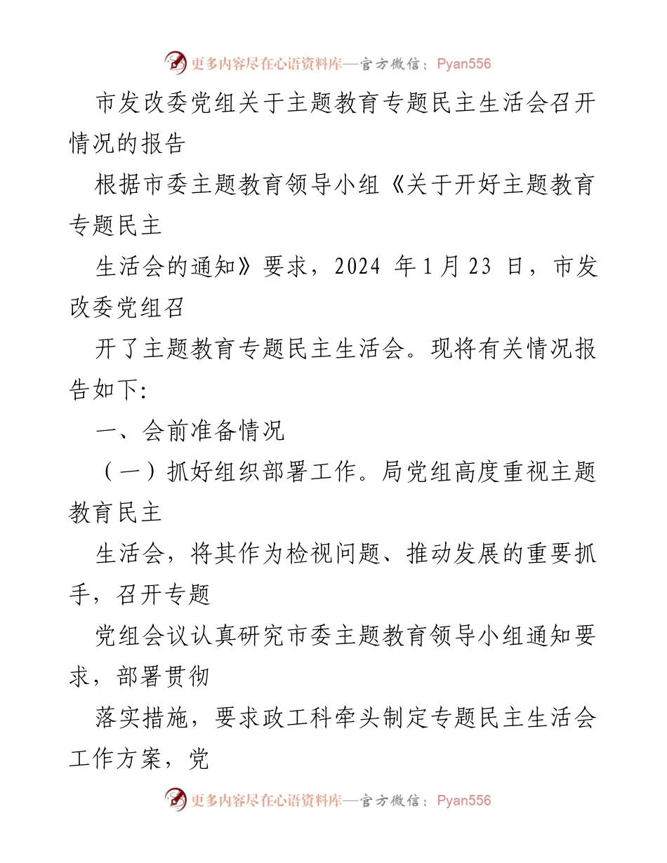 [工作总结] 市发改委 - 主题教育专题民主生活会召开情况报告.docx_第1页