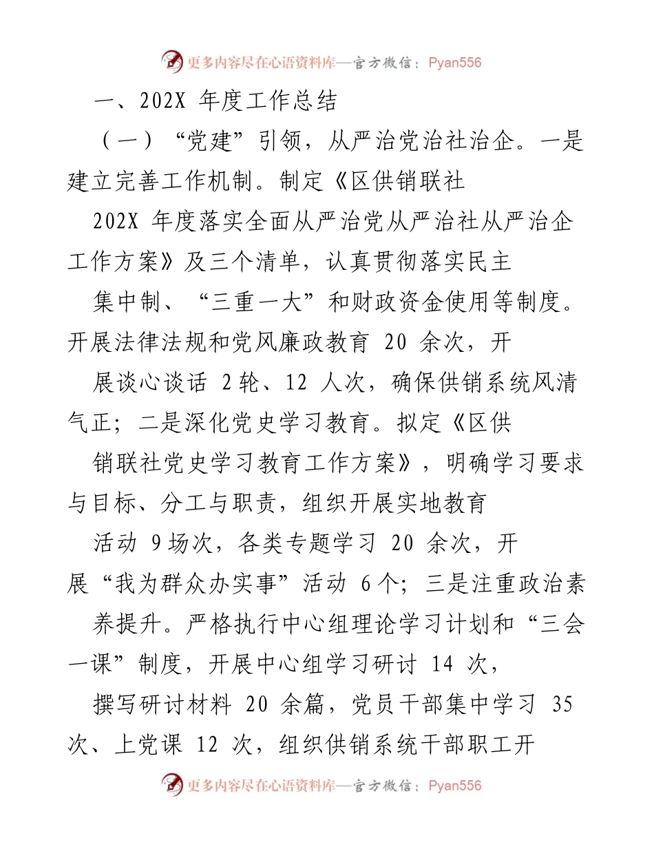 [工作总结] 年度总结 - 202X年度供销联社工作总结与改革推进报告.docx_第1页