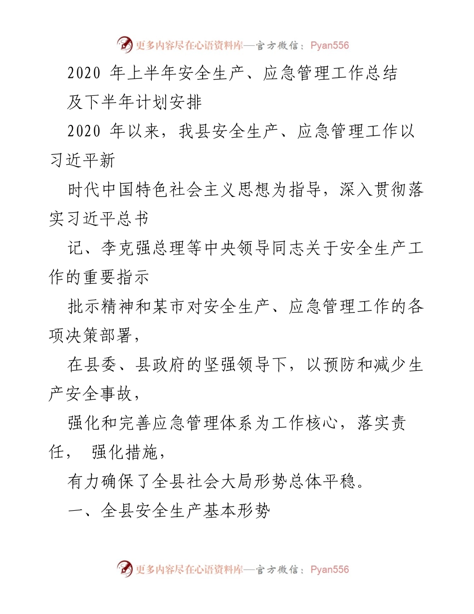 [工作总结] 安全生产与应急管理 - 2020年上半年安全生产与应急管理工作总结及下半年计划安排.docx_第1页