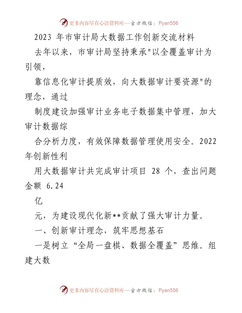 [工作总结] 市审计局 - 2023年大数据审计创新工作总结.docx_第1页