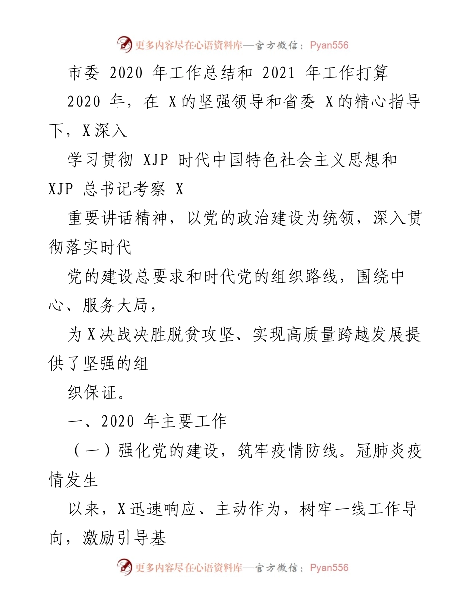 [工作总结] 市委工作会议 - 2020年工作总结与2021年工作计划.docx_第1页