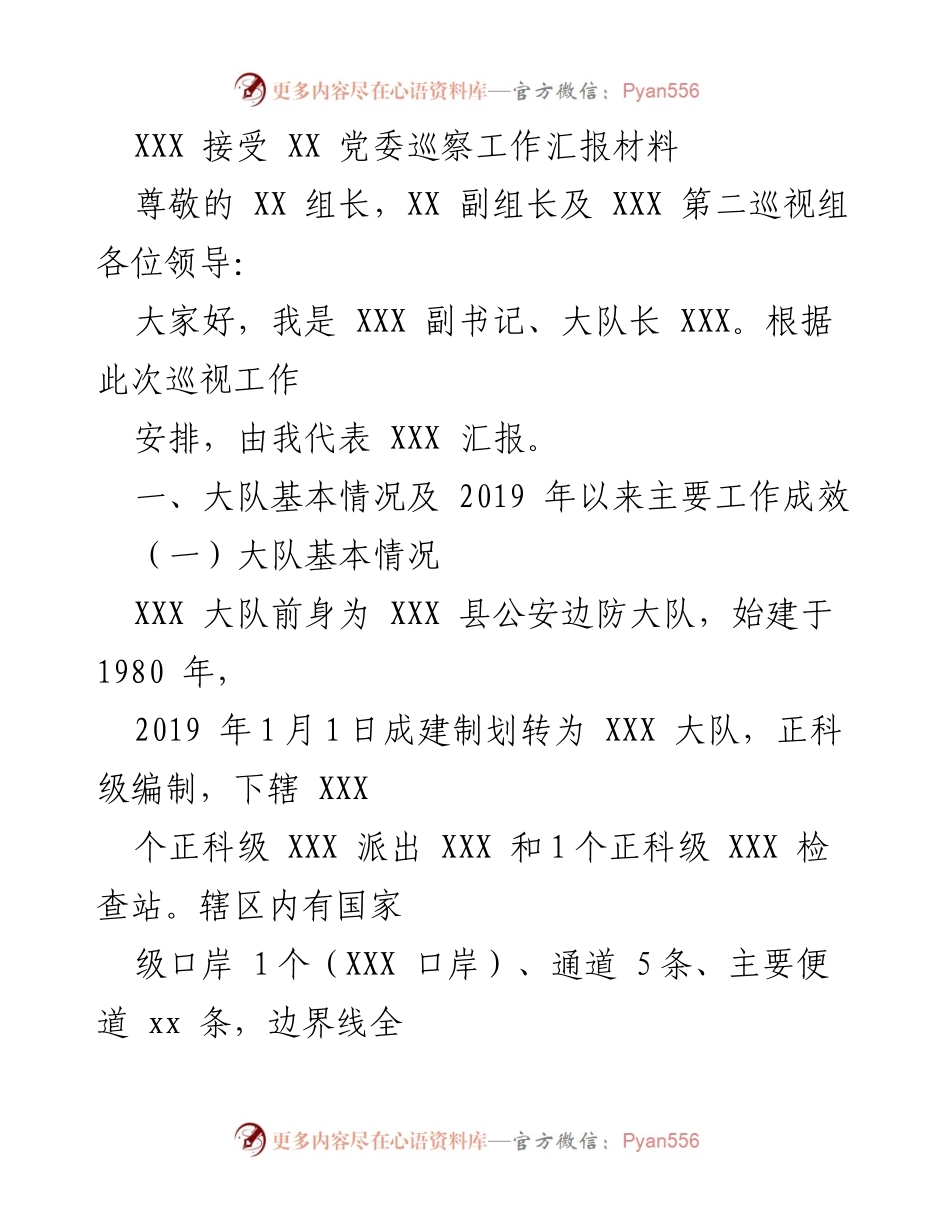 [工作总结] 巡察工作汇报 - XXX 大队巡察工作汇报及主要成效总结.docx_第1页