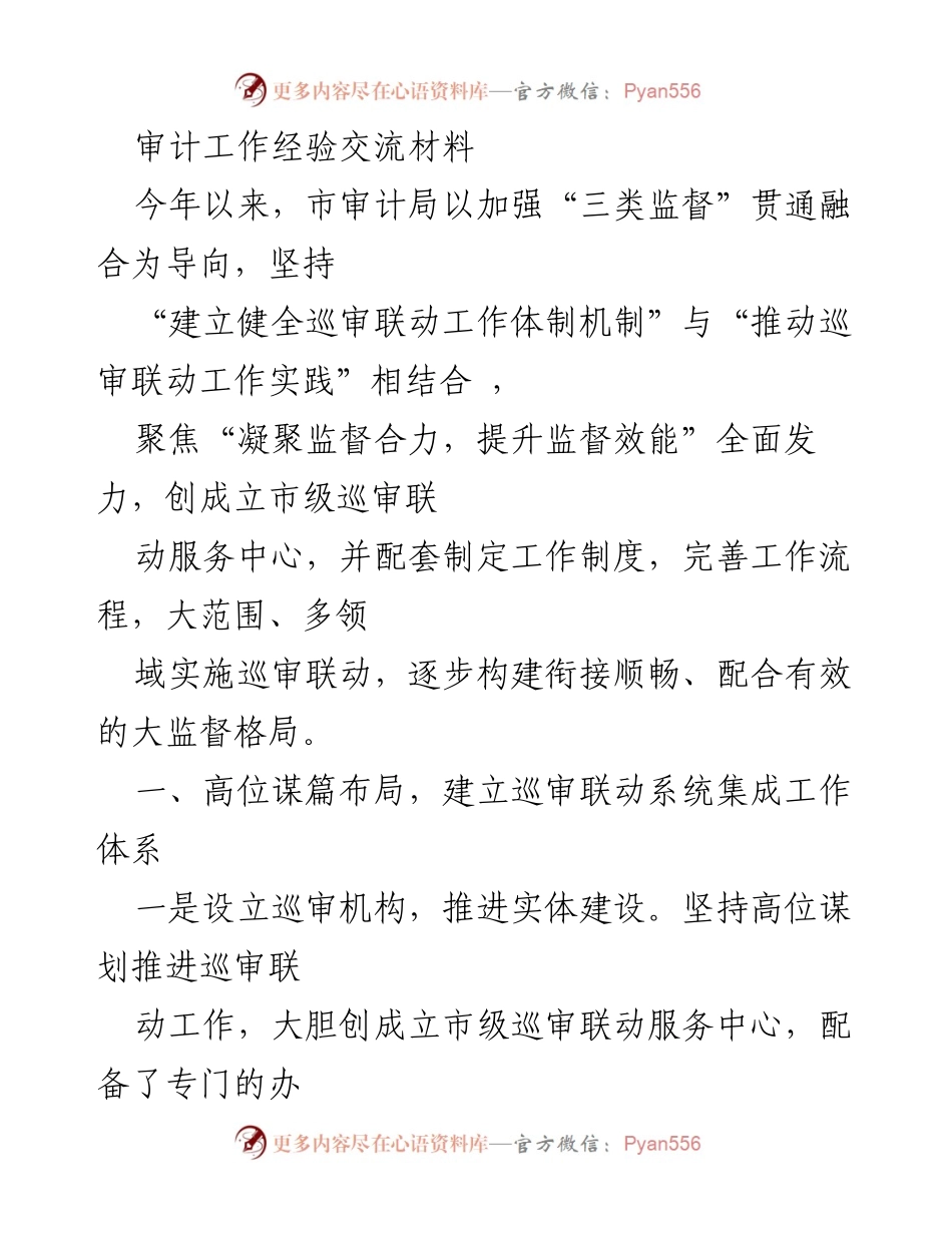 [工作总结] 审计工作经验交流 - 加强巡审联动，提升监督效能的实践探索与经验分享.docx_第1页
