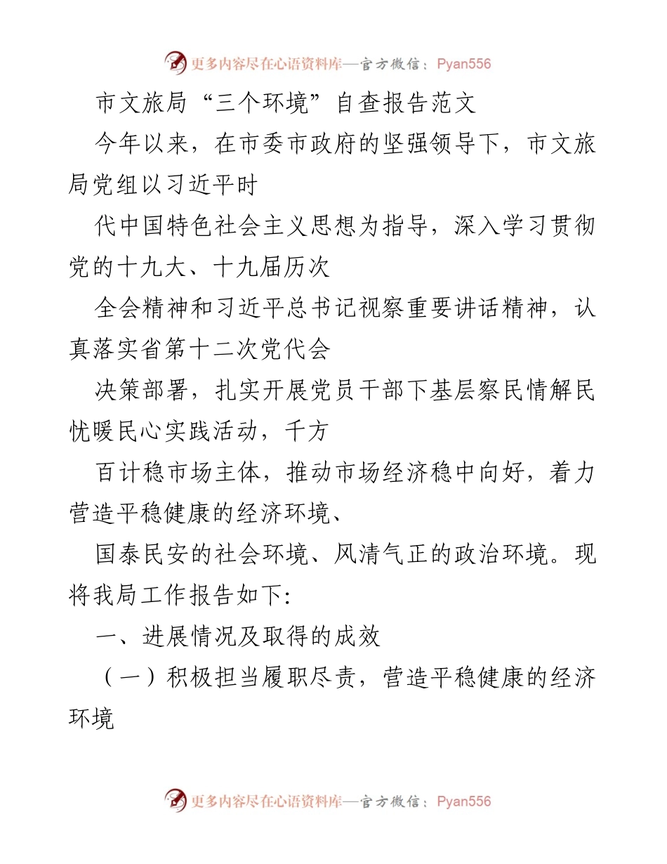 [工作总结] 市文旅局 - “三个环境”自查报告及工作进展情况.docx_第1页