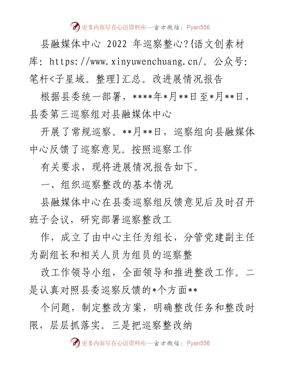 [工作总结] 巡察整改 - 县融媒体中心2022年巡察整改进展情况报告.docx_第1页