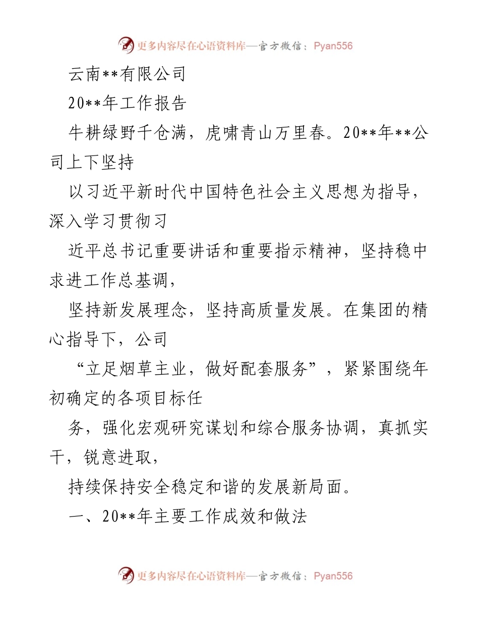 [工作总结] 年度工作总结 - 20__年云南__有限公司工作报告.docx_第1页
