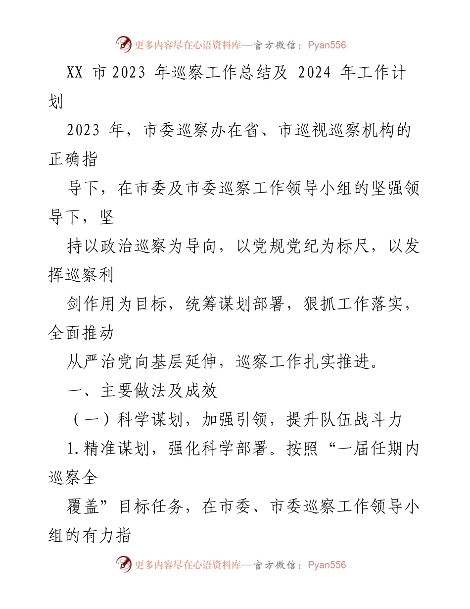 [工作总结] 巡察工作 - XX市2023年巡察工作总结与2024年工作计划.docx_第1页