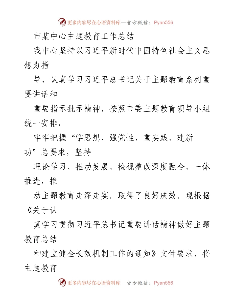 [工作总结] 市某中心 - 主题教育工作总结与成效分析.docx_第1页