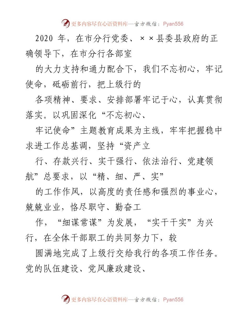 [工作总结] 年度工作总结 - 2020年度市分行工作总结与党建成效分析.docx_第1页