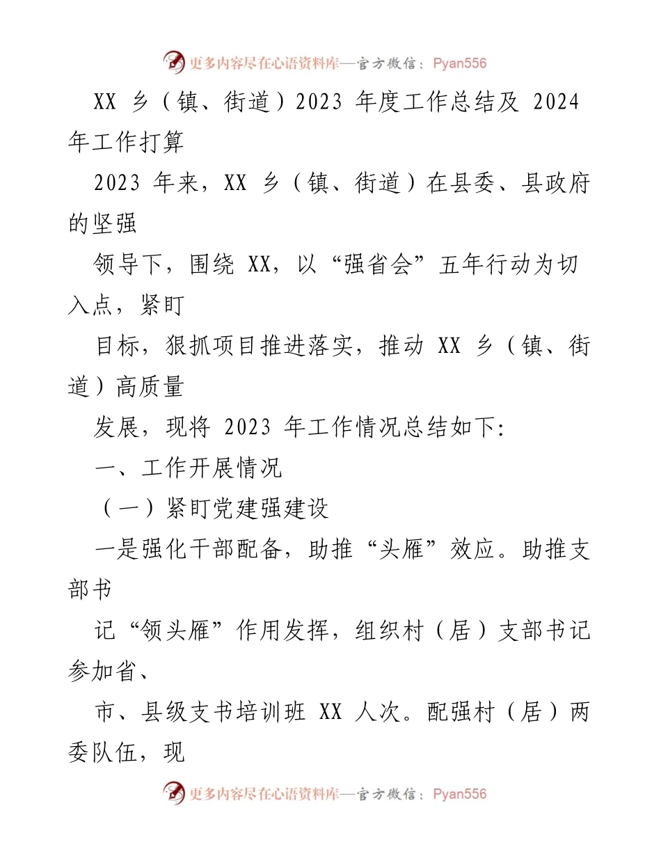 [工作总结] 年度总结 - XX乡（镇、街道）2023年度工作总结与2024年工作计划_1.docx_第1页