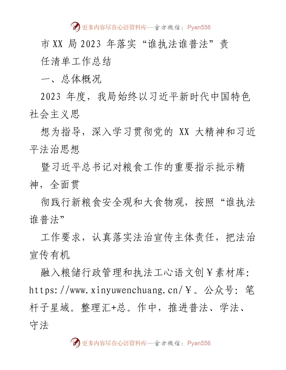 [工作总结] 年度工作 - 2023年市XX局“谁执法谁普法”责任清单落实工作总结.docx_第1页