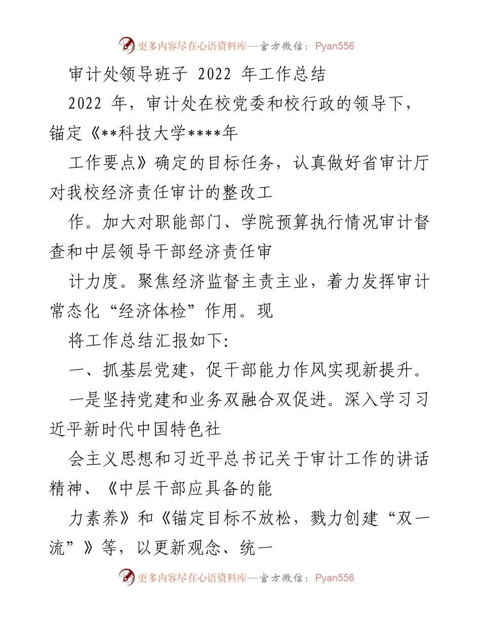 [工作总结] 审计处2022年工作总结 - 审计处领导班子2022年工作总结与整改工作汇报.docx_第1页