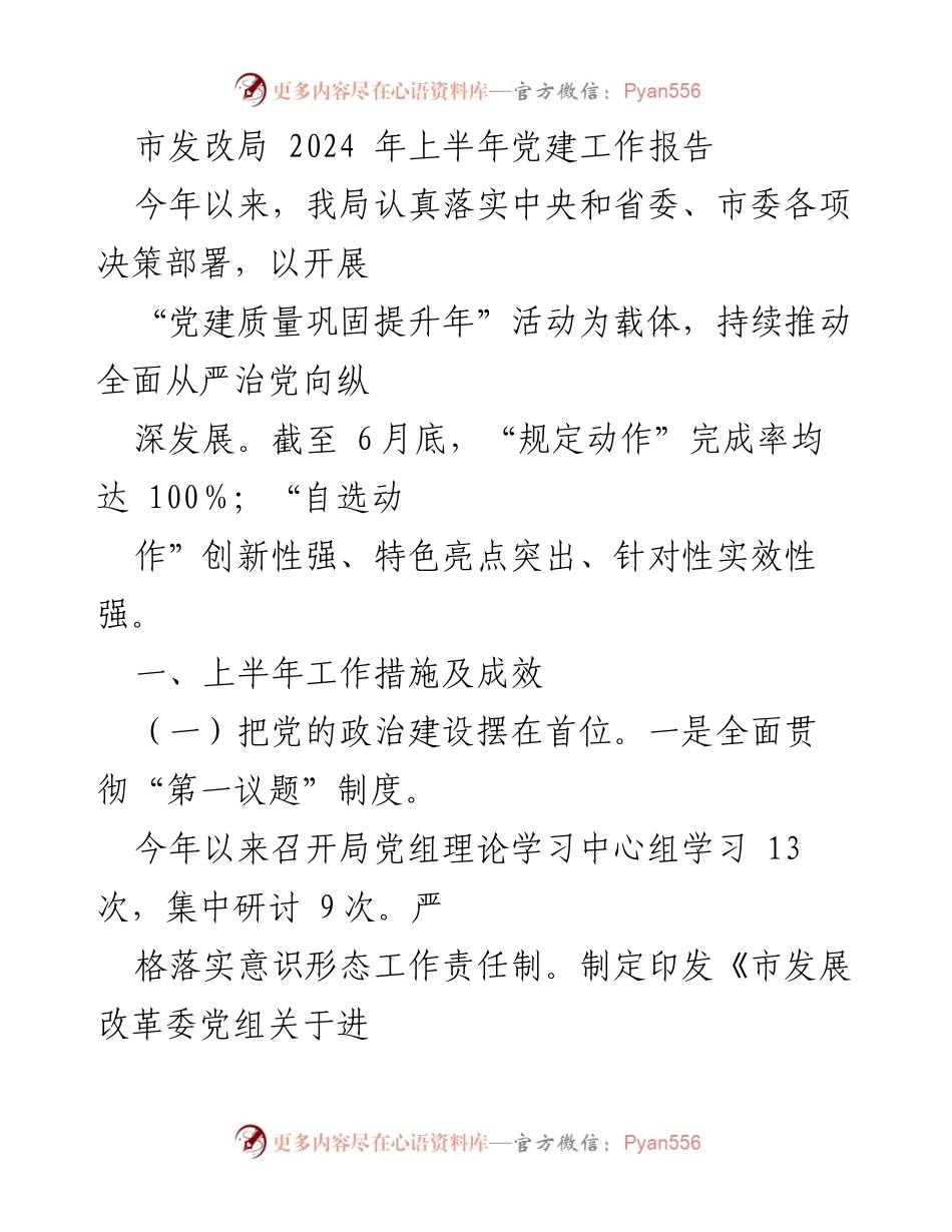 [工作总结] 市发改局 - 2024年上半年党建工作总结报告.docx_第1页