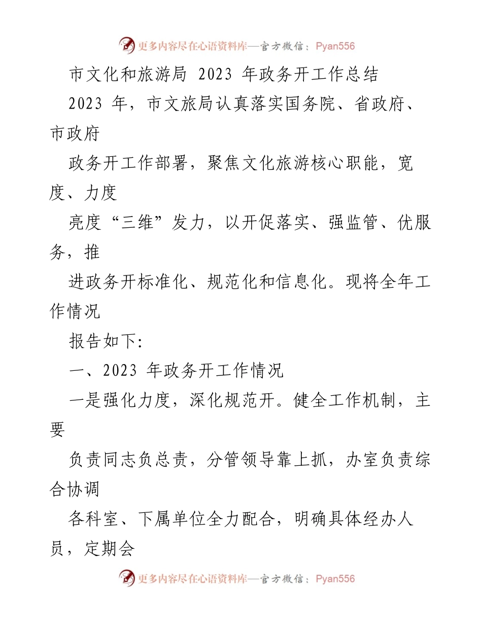 [工作总结] 市文化和旅游局 - 2023年政务公开工作总结报告.docx_第1页