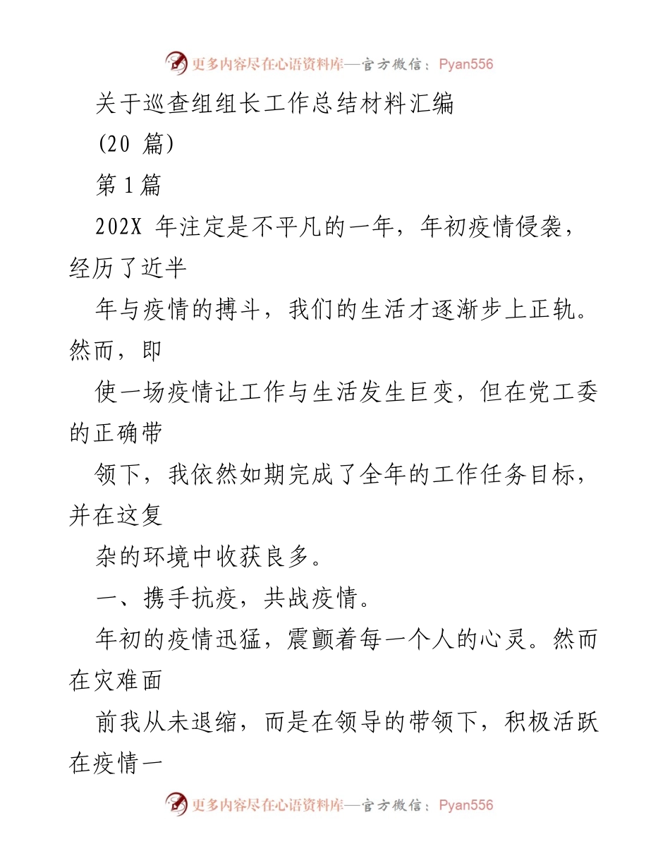 [工作总结] 巡查组工作总结 - 抗疫与巡察工作总结报告.docx_第1页