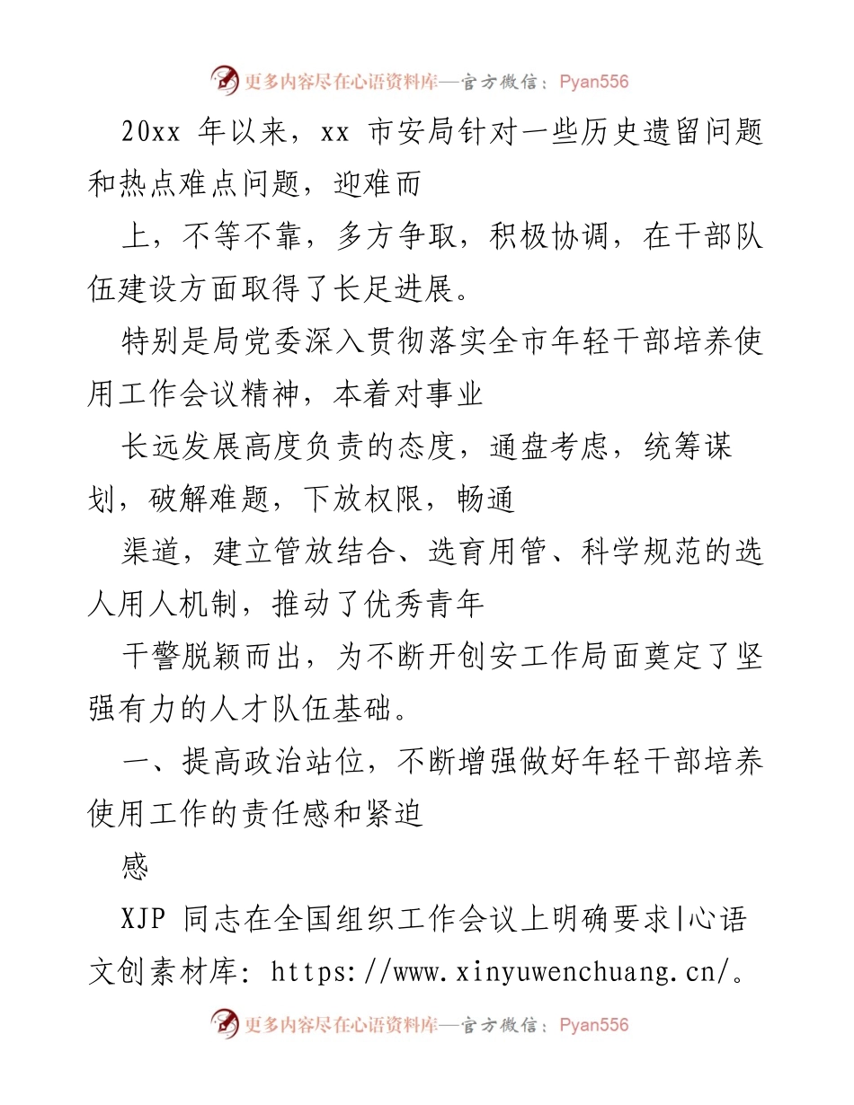 [工作总结] 安局干部队伍建设 - 加强年轻干部培养使用，推动安局高素质人才队伍建设.docx_第1页