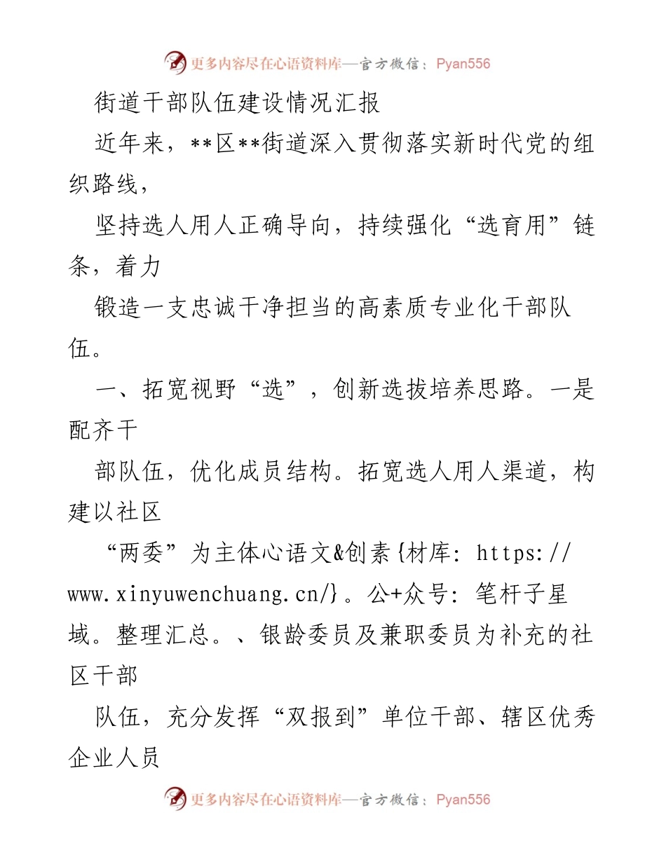 [工作总结] 干部队伍建设 - 街道干部队伍建设情况汇报.docx_第1页