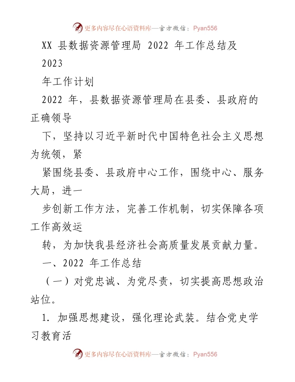 [工作总结] 年度工作总结 - XX县数据资源管理局2022年工作总结与2023年工作计划.docx_第1页