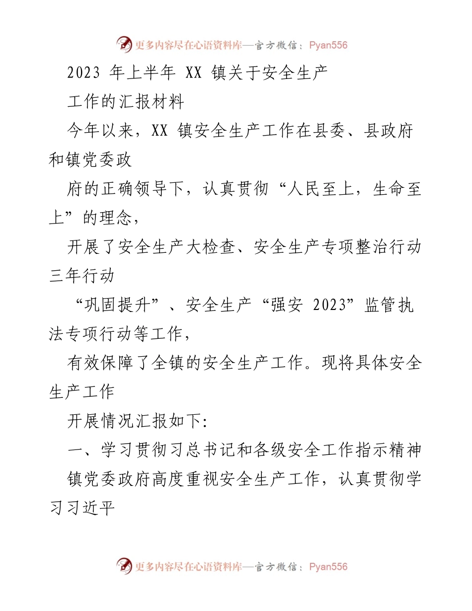 [工作总结] 安全生产工作汇报 - 2023年上半年XX镇安全生产工作总结报告_1.docx_第1页