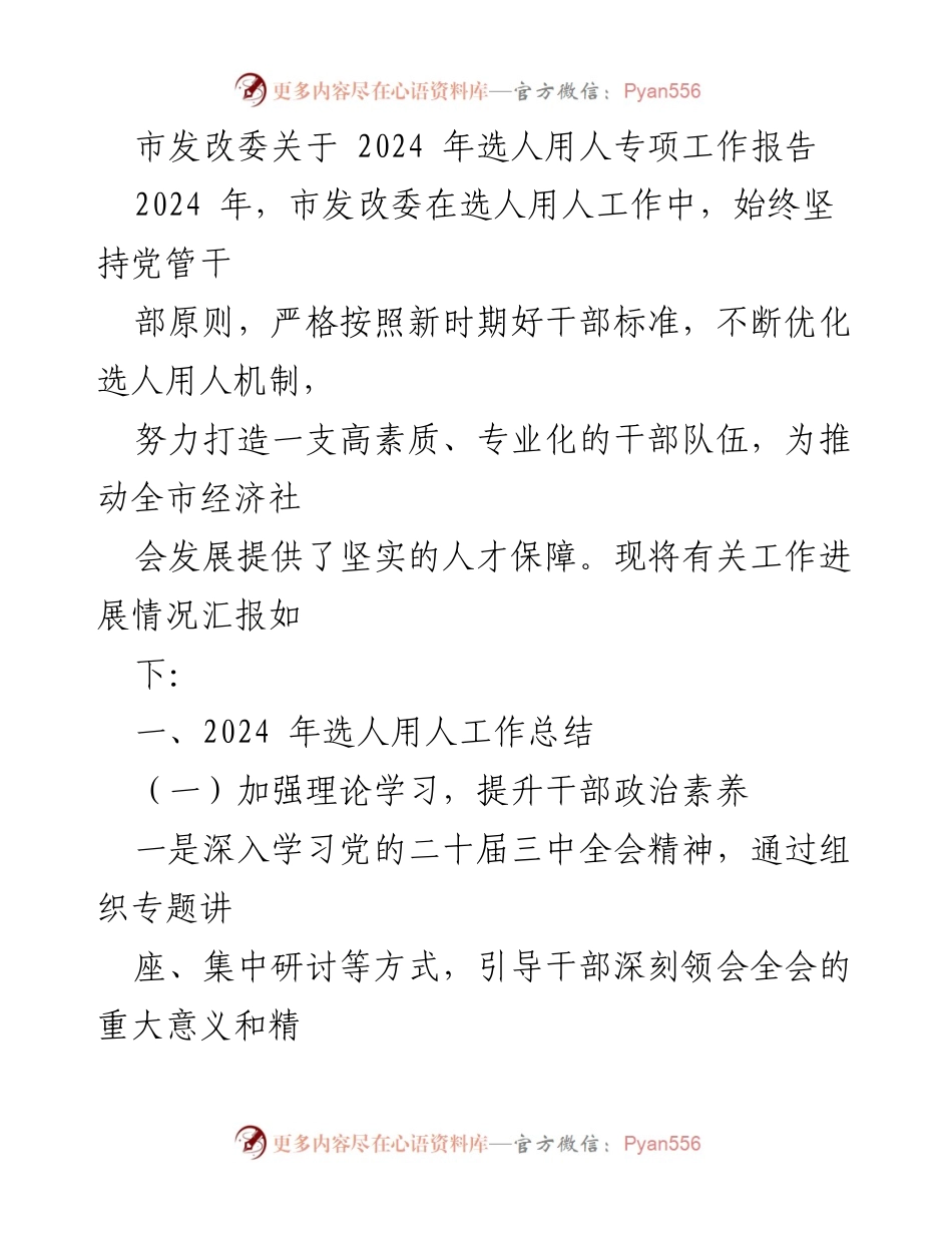 [工作总结] 市发改委 - 2024年选人用人专项工作进展报告.docx_第1页
