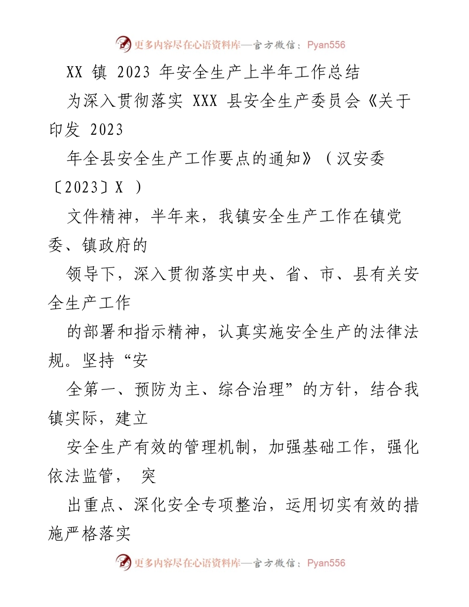 [工作总结] 安全生产 - XX镇2023年上半年安全生产工作总结_1.docx_第1页