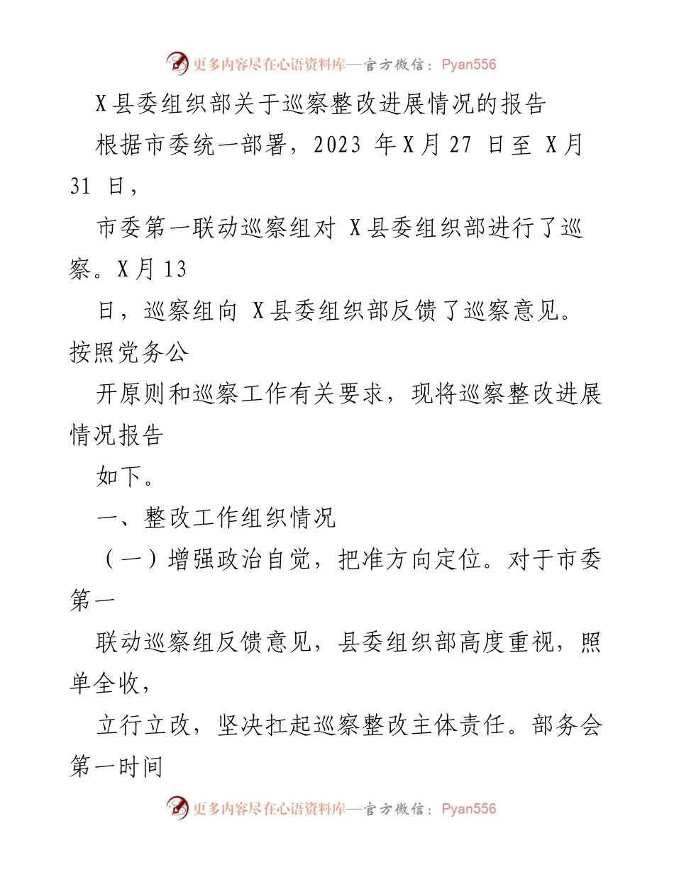 [工作总结] 巡察整改 - X县委组织部巡察整改进展情况报告.docx_第1页