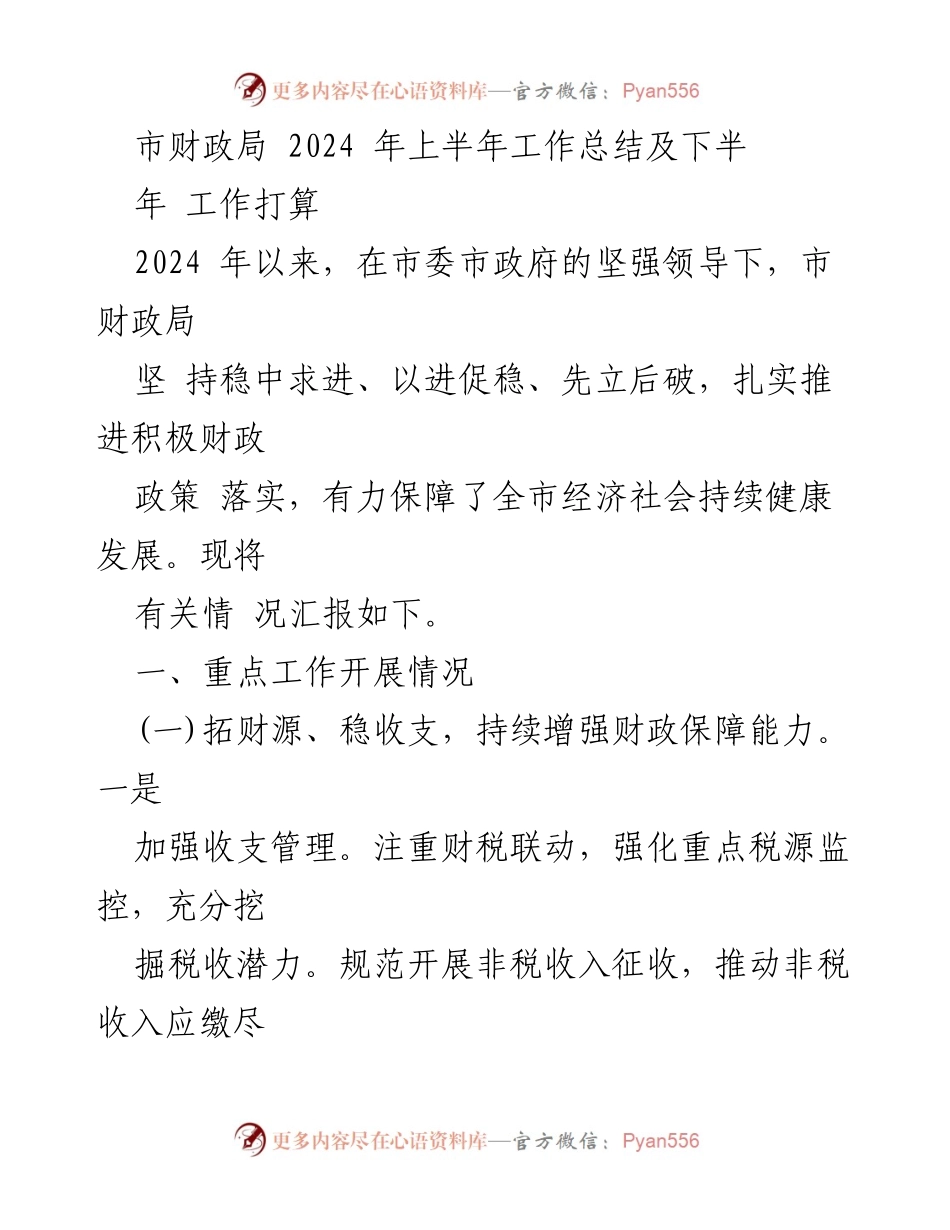[工作总结] 市财政局 - 2024年上半年工作总结与下半年工作计划.docx_第1页